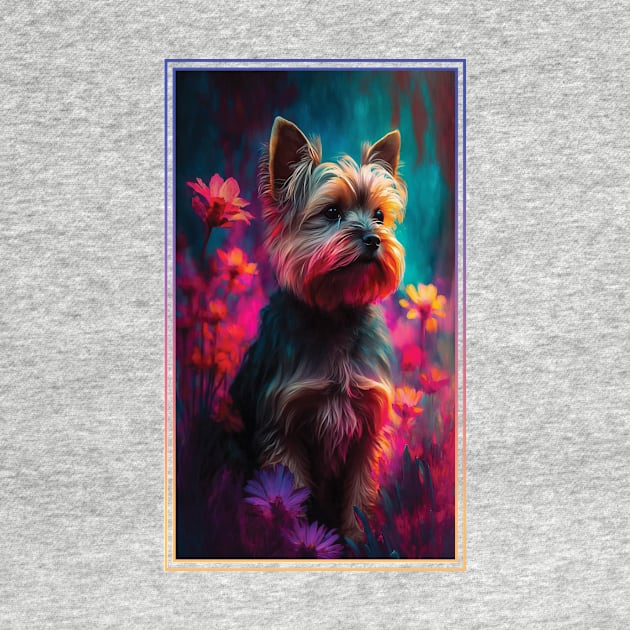 Yorkshire Terrier Dog Vibrant Tropical Flower Tall Digital Oil Painting Portrait 2 by ArtHouseFlunky